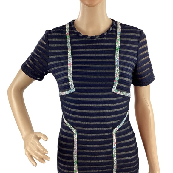 Yigal Azrouël Sheer Striped Bodycon Dress with Floral Trim Navy 2 - Picture 2 of 7